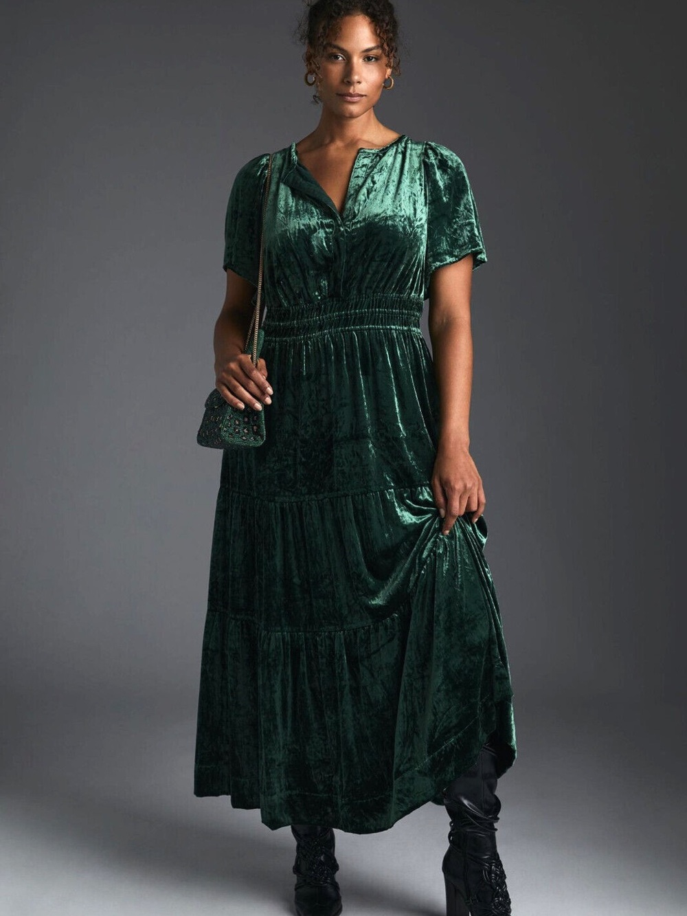 Anthropologie Emerald Green Velvet Somerset Tiered Maxi Dress